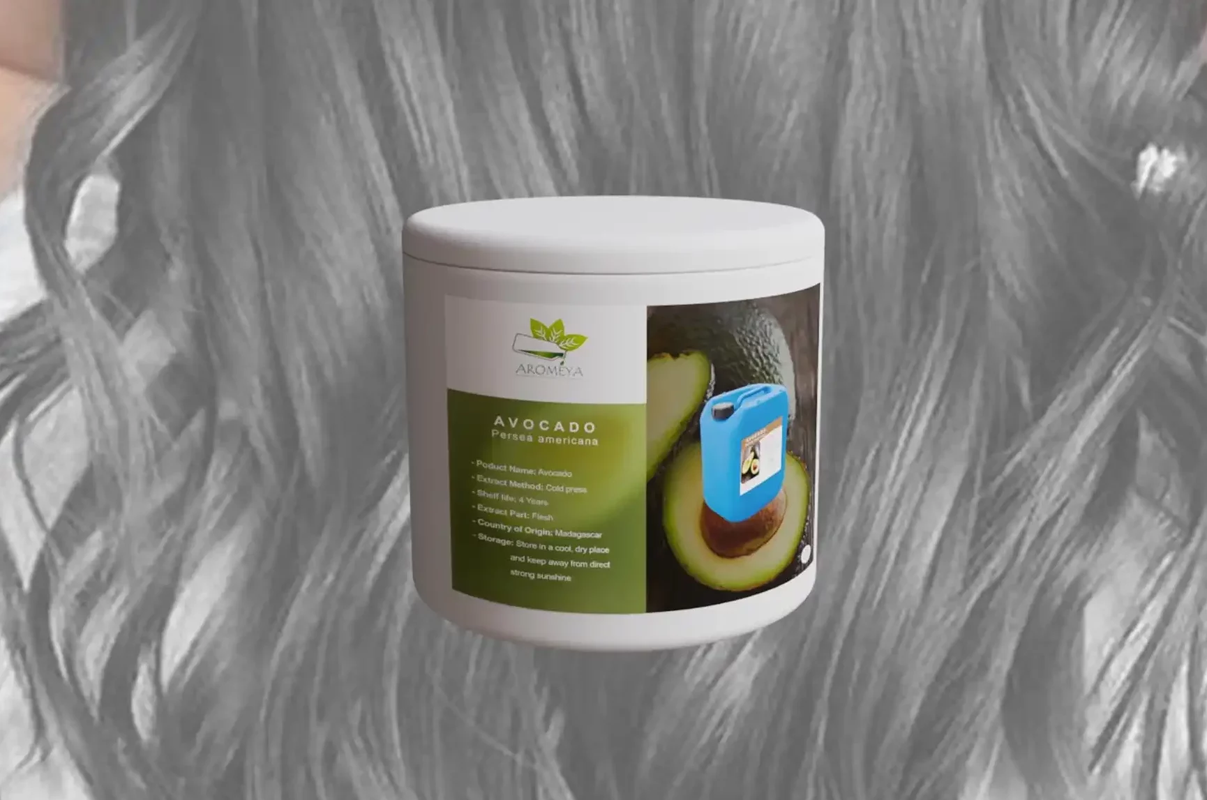 Bottle of avocado oil placed in front of long, straight wavy hair, highlighting its nourishing benefits for hair care
