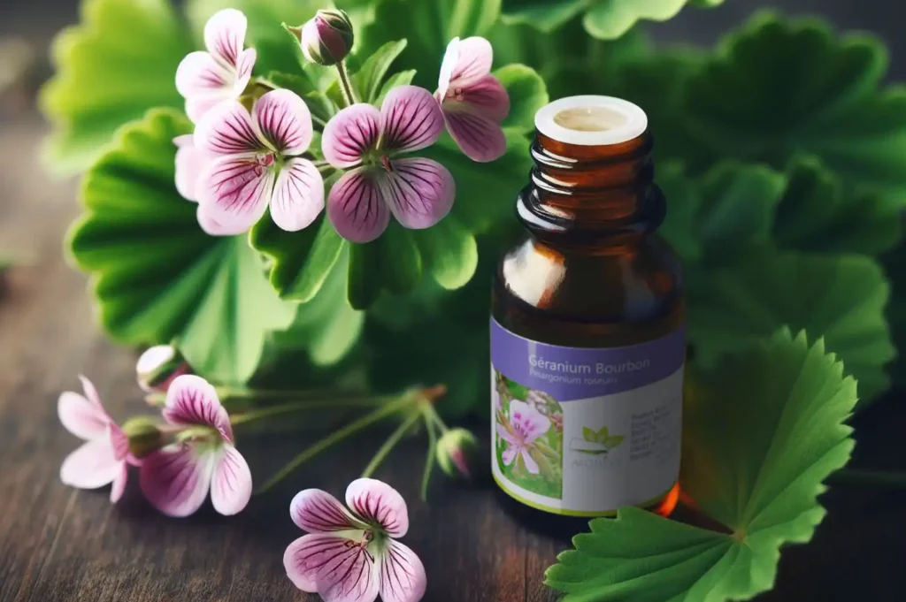 Bottle of Bourbon geranium essential oil with its purplish flower and green leaves placed beside it