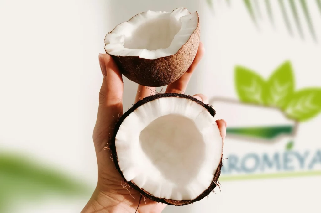 Coconut split in half, showcasing its white flesh while being held in hand