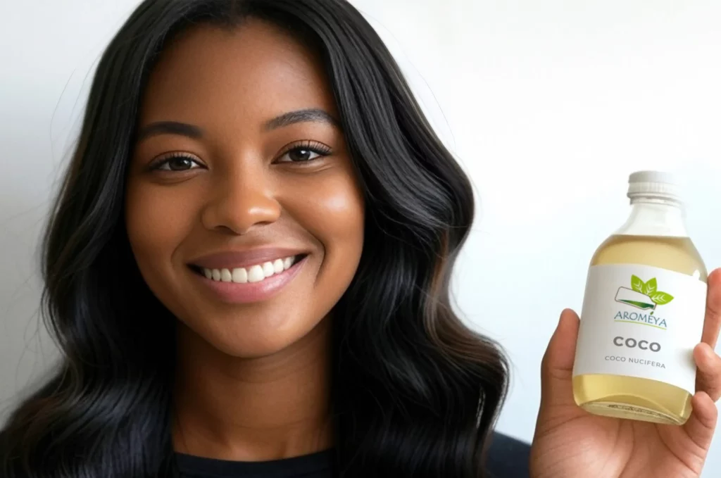 A woman with smooth hair holding a bottle of coconut oil