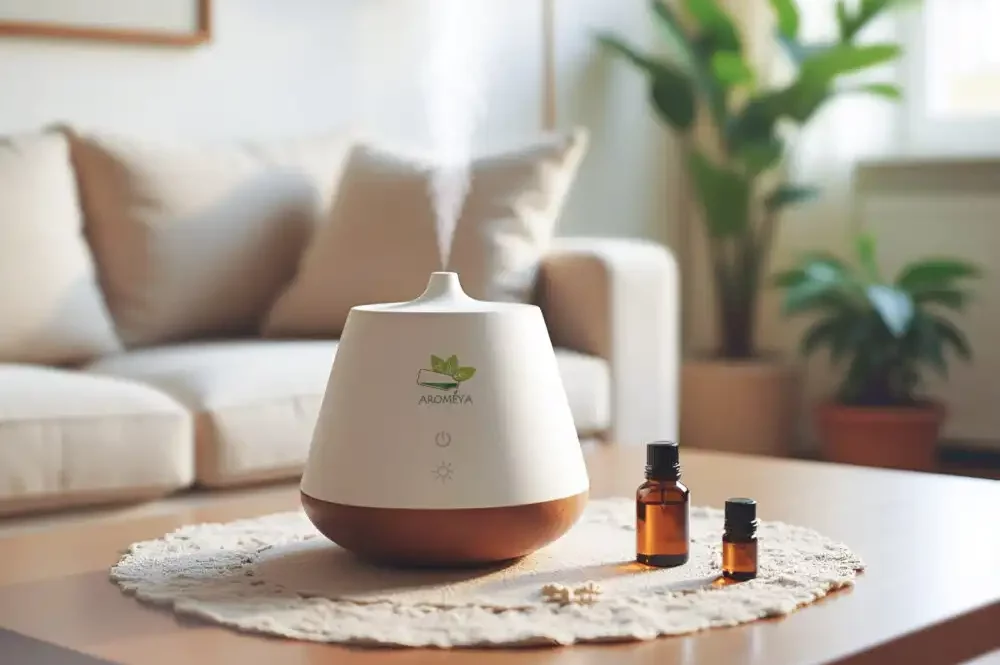 A gentle essential oil diffuser releasing mist, with two small bottles of essential oils placed beside it, set in a serene ambiance