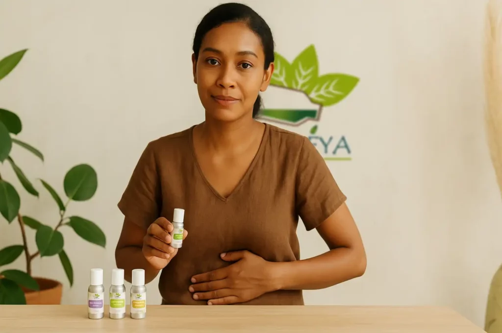 A woman with a stomachache holds her belly with one hand and a Tournaire aluminum bottle of essential oil in the other. Three other essential oil bottles are placed on the table in front of her